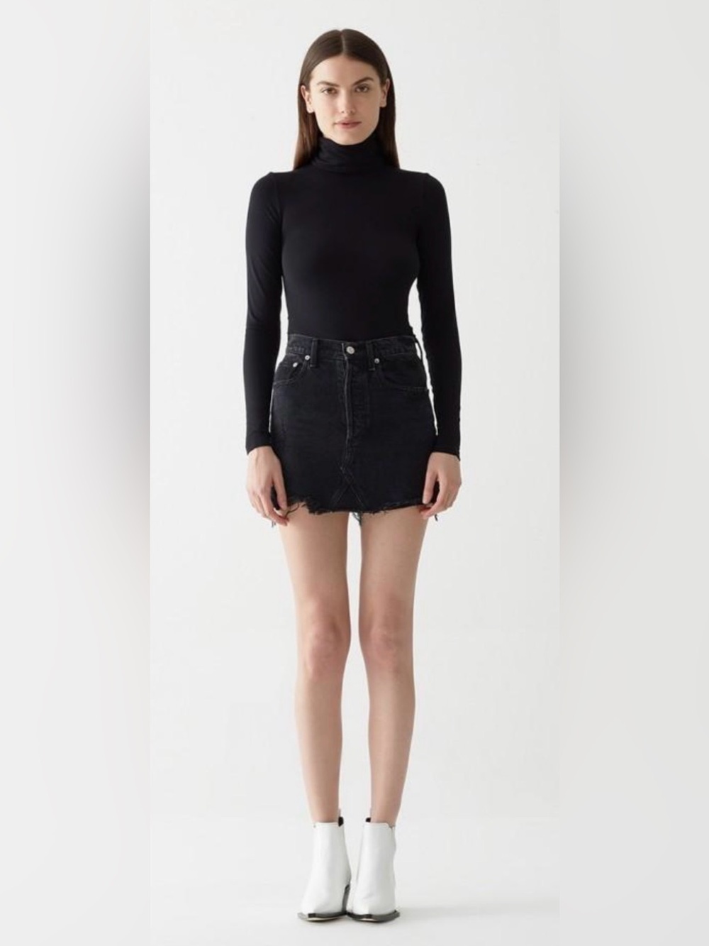 Agolde Black Denim cult Mini Skirt with Distressed Hem 100% cotton made in USA